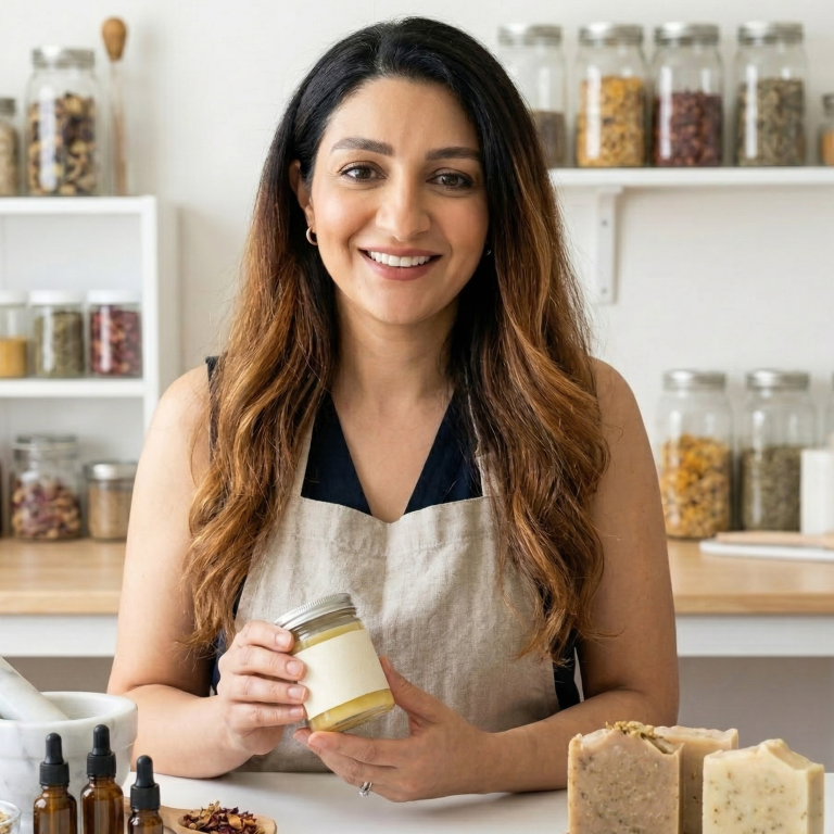 Artisan in a bright workshop with handmade soap, botanical jars, and natural ingredients.